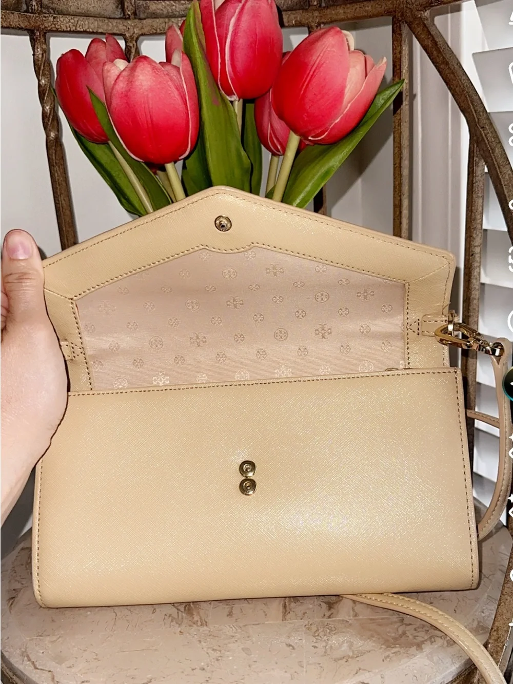 Tory Burch Beige Envelope Crossbody with Gold Logo